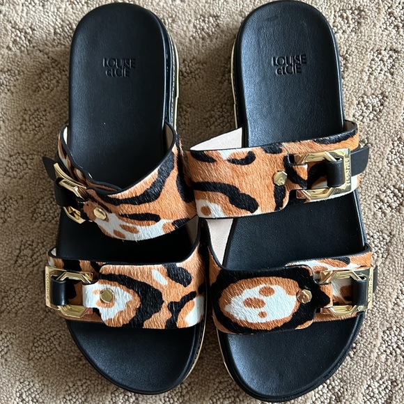 Louise et Cie Black and Tan Leopard Animal Print Buckle Slide Sandals - Picture 2 of 9